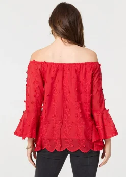 Izabel London Red Textured Semi Sheer Bardot Blouse