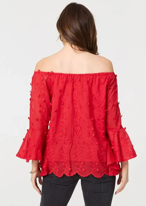 Izabel London Red Textured Semi Sheer Bardot Blouse
