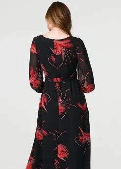 Izabel London Red Tropical Print Mesh Layered Midi Dress