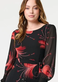 Izabel London Red Tropical Print Mesh Layered Midi Dress