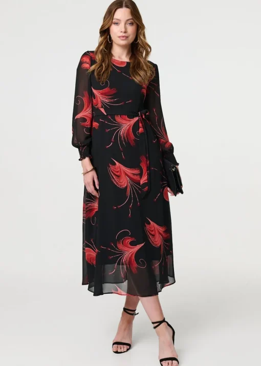 Izabel London Red Tropical Print Mesh Layered Midi Dress