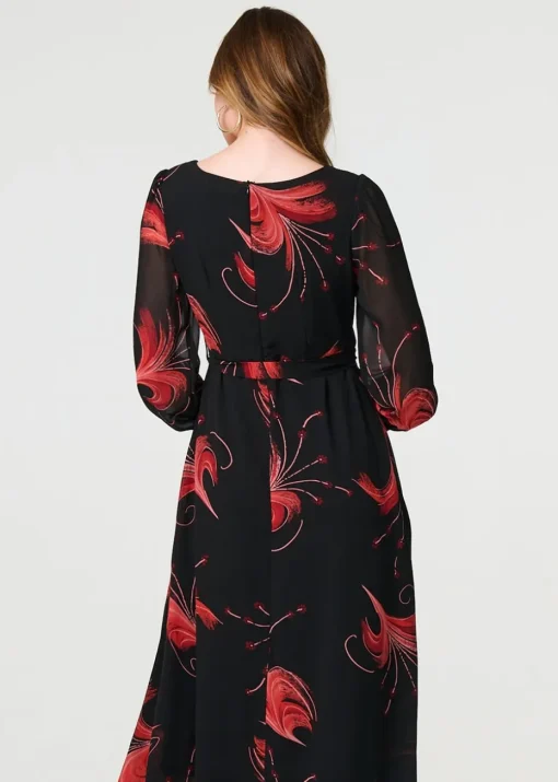 Izabel London Red Tropical Print Mesh Layered Midi Dress