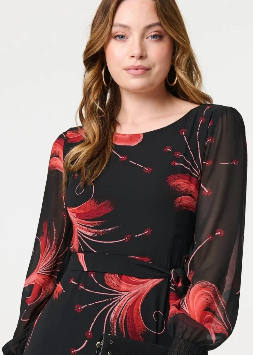 Izabel London Red Tropical Print Mesh Layered Midi Dress