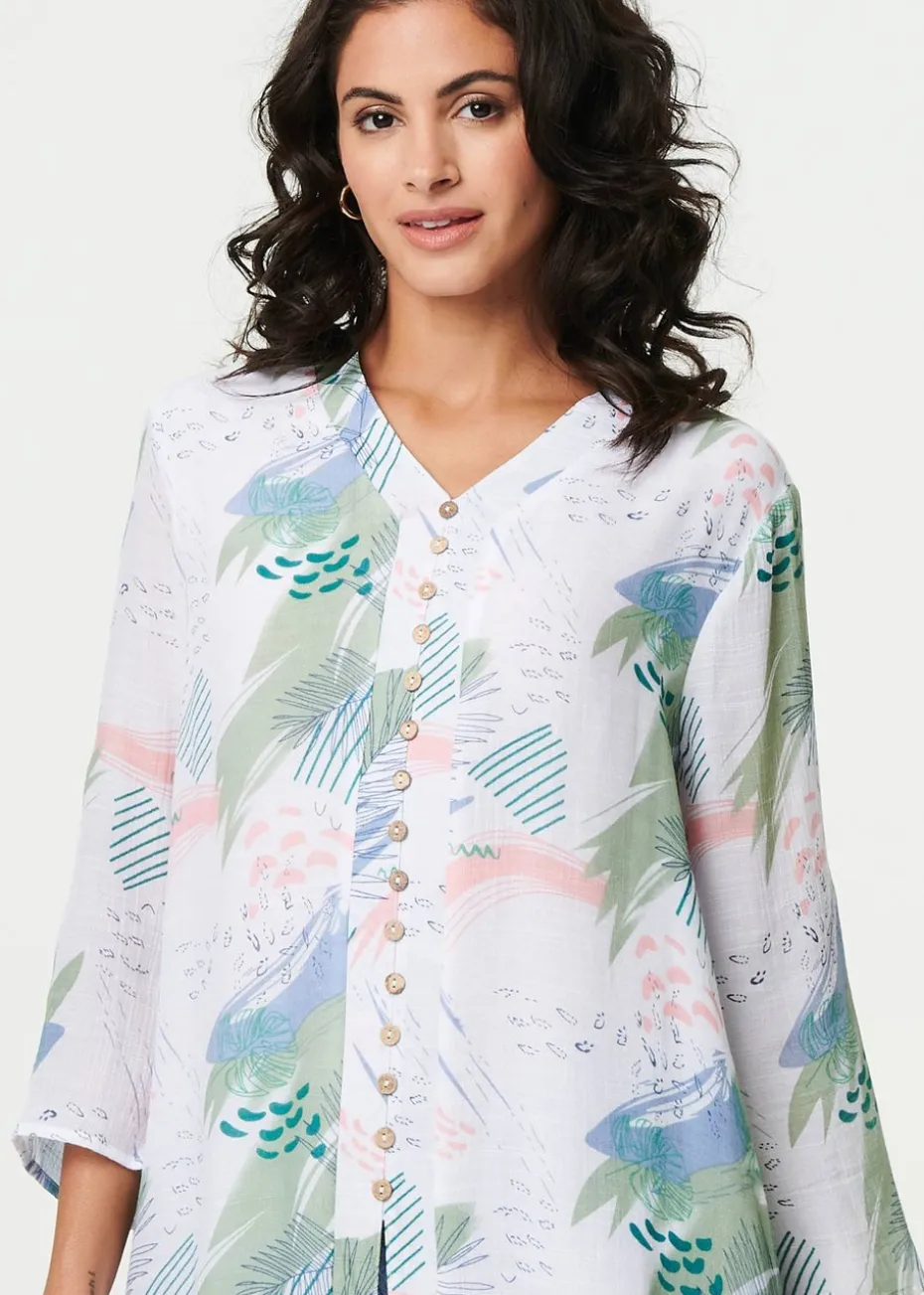 Izabel London Sage Abstract 3/4 Sleeve Relaxed Blouse