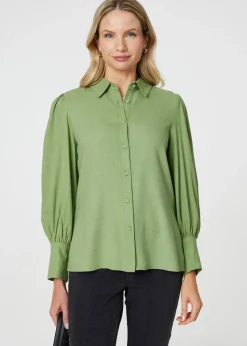 Izabel London Sage Plain Puff Sleeve Button-Up Shirt