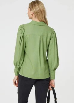 Izabel London Sage Plain Puff Sleeve Button-Up Shirt