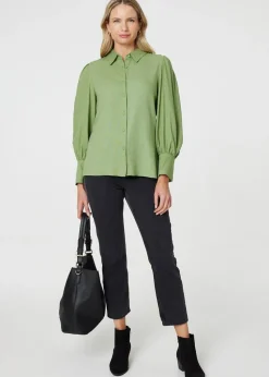 Izabel London Sage Plain Puff Sleeve Button-Up Shirt