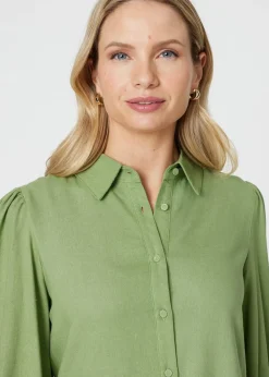 Izabel London Sage Plain Puff Sleeve Button-Up Shirt