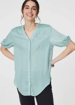 Izabel London Sage Plain V-Neck Puff 1/2 Sleeve Shirt