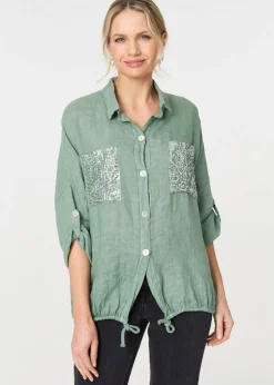 Izabel London Sage Sequin Detail 3/4 Turn-Up Sleeve Shirt