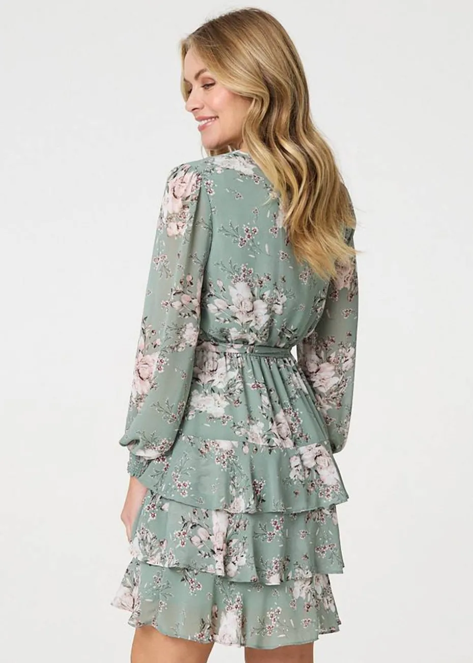 Izabel London Sage Vintage Floral Long Sleeve Skater Dress