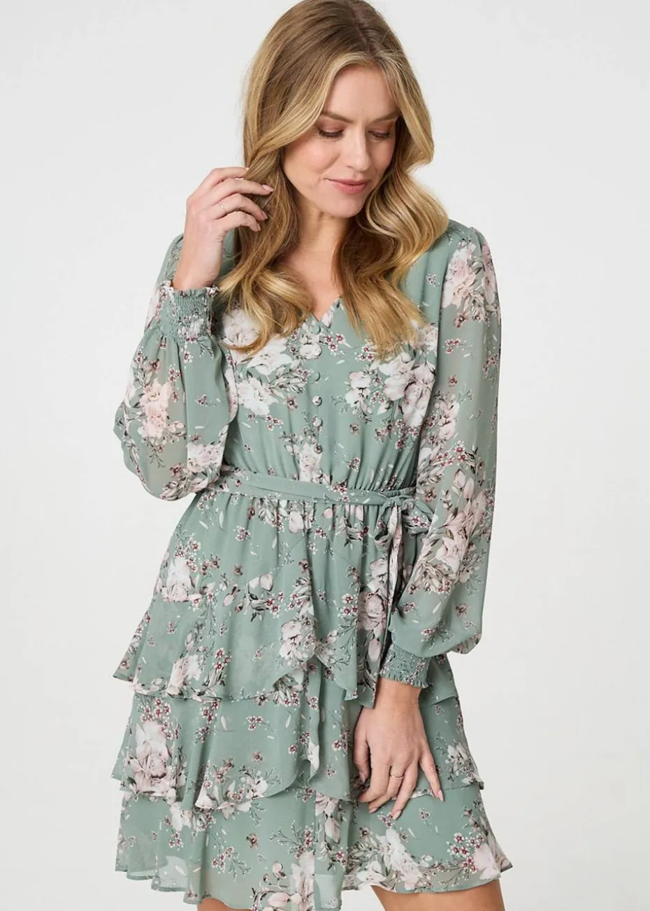 Izabel London Sage Vintage Floral Long Sleeve Skater Dress