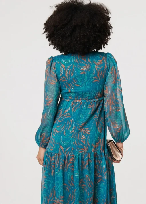 Izabel London Teal Leaf Print Sheer Tie Waist Maxi Dress
