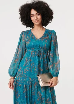 Izabel London Teal Leaf Print Sheer Tie Waist Maxi Dress