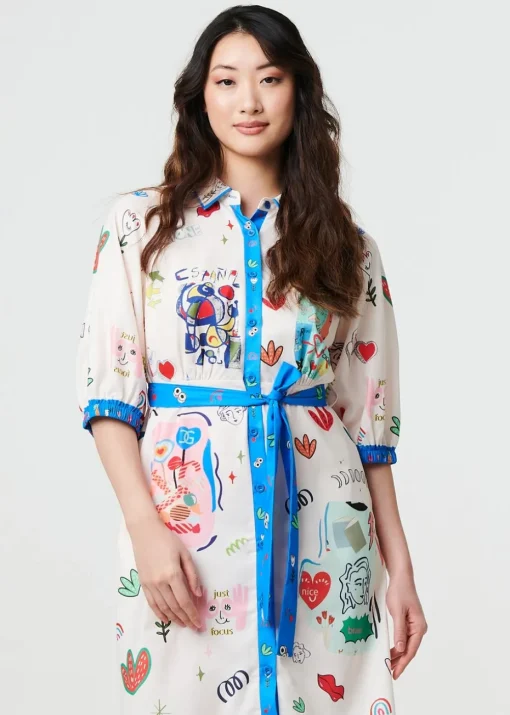 Izabel London White Abstract Tie Waist 3/4 Sleeve Shirt Midi Dress