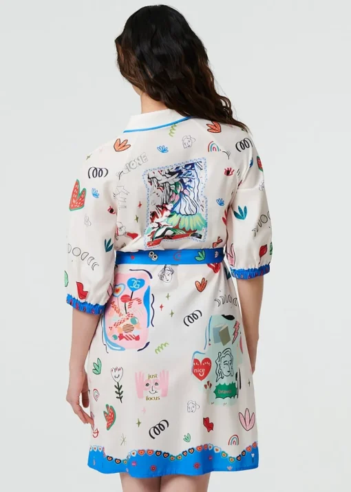 Izabel London White Abstract Tie Waist 3/4 Sleeve Shirt Midi Dress