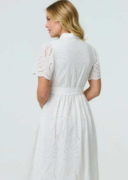 Izabel London White Broderie Anglaise Short Sleeve Midi Dress