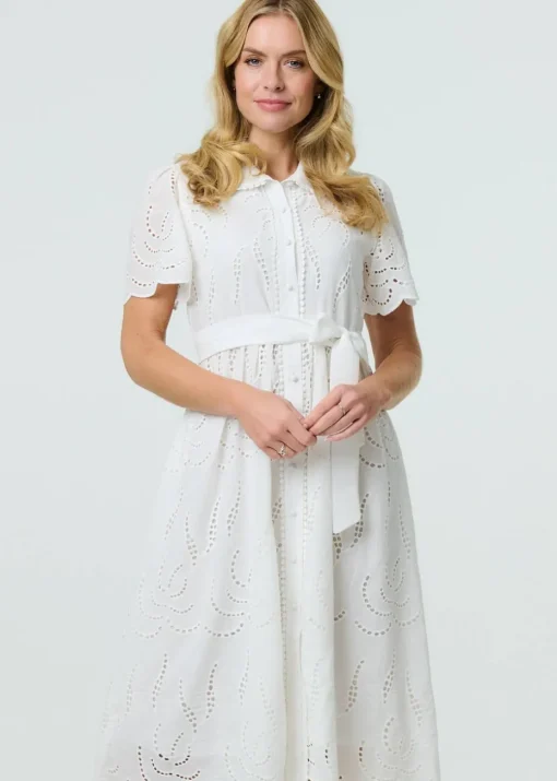 Izabel London White Broderie Anglaise Short Sleeve Midi Dress