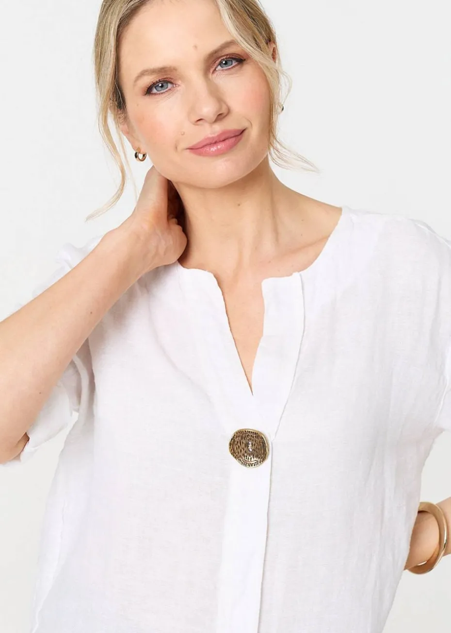 Izabel London White Button Detail V-Neck Blouse