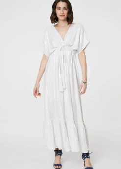 Izabel London White Dotty Empire Waist Kimono Maxi Dress