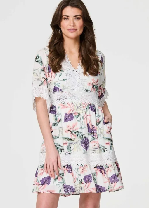 Izabel London White Leaf Print Lace Trim Short Dress