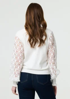 Izabel London White Sheer Lace Sleeve Knitted Jumper