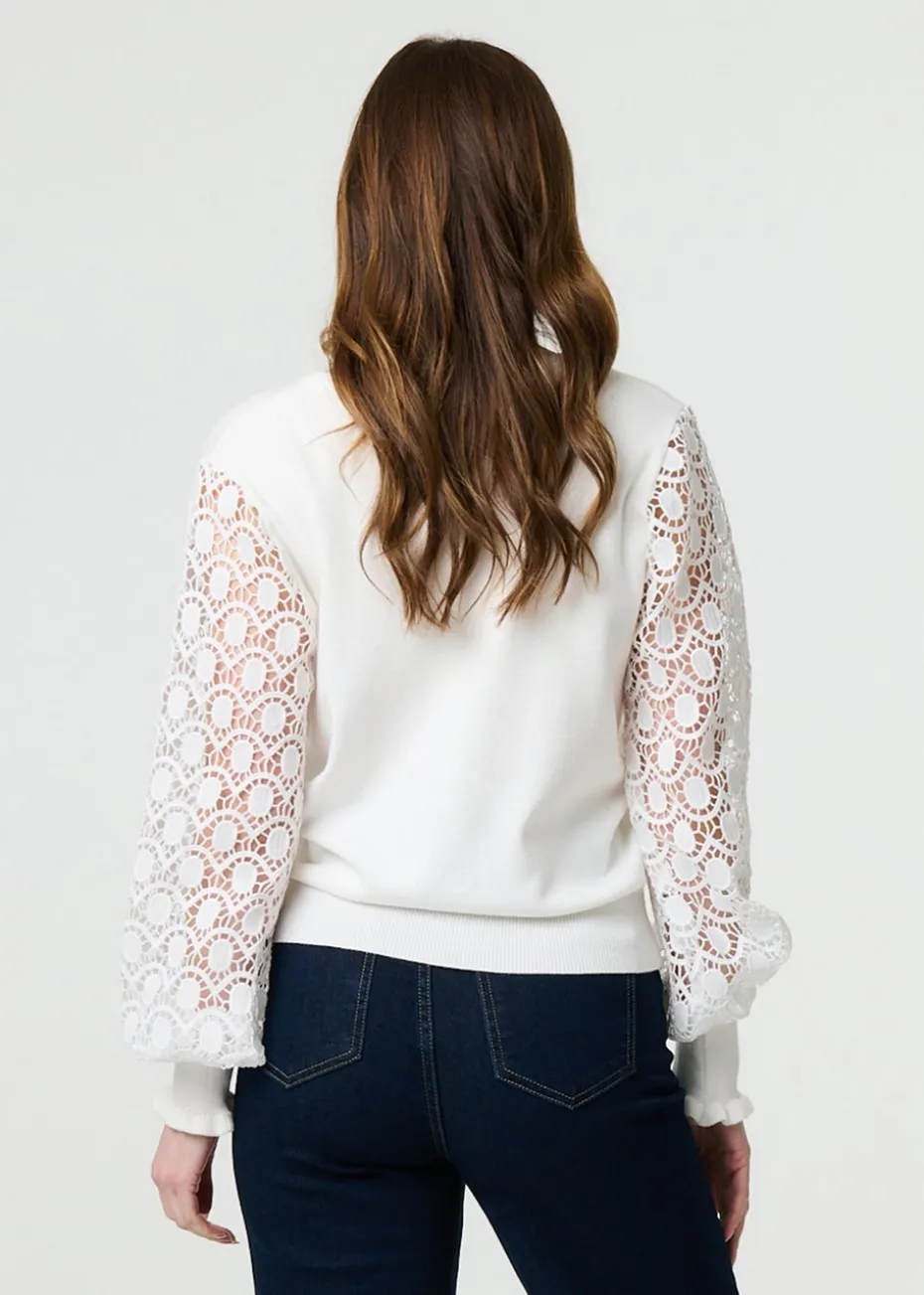 Izabel London White Sheer Lace Sleeve Knitted Jumper