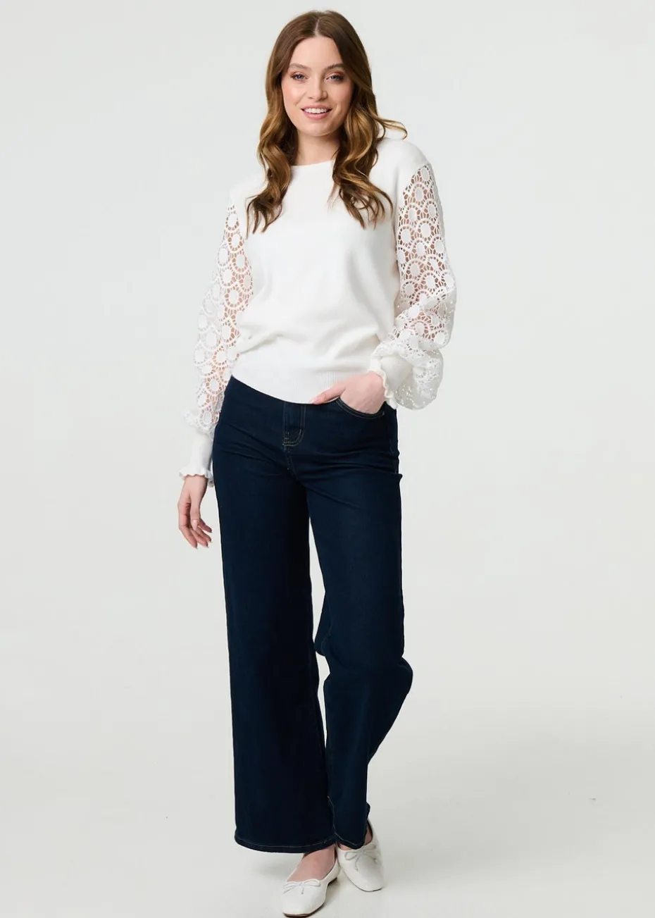 Izabel London White Sheer Lace Sleeve Knitted Jumper