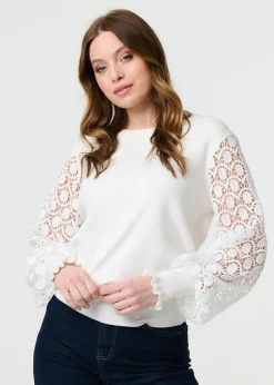Izabel London White Sheer Lace Sleeve Knitted Jumper