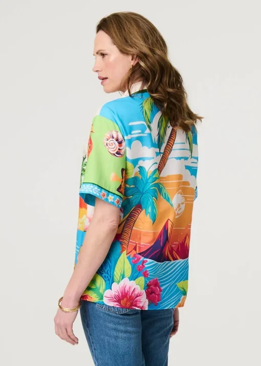 Izabel London White Tropical Print Short Sleeve Shirt