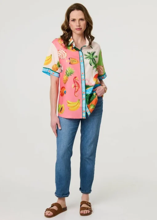 Izabel London White Tropical Print Short Sleeve Shirt