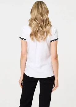 Izabel London White Zig Zag Trim Short Sleeve Shirt