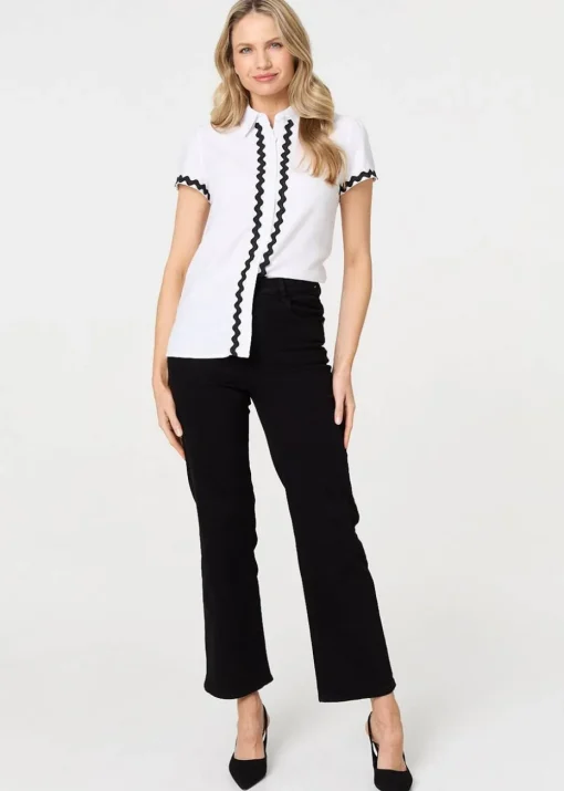 Izabel London White Zig Zag Trim Short Sleeve Shirt