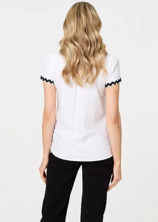 Izabel London White Zig Zag Trim Short Sleeve Shirt
