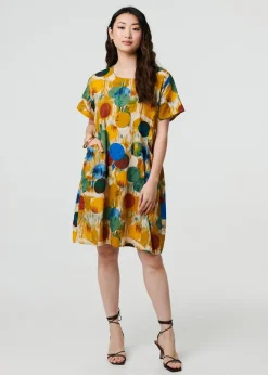 Izabel London Yellow Geo Print Short Sleeve Knee Length Dress