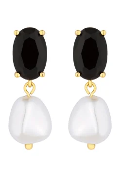 Jon Richard Gold Plated Cubic Zirconia Jet Stone And Pearl Drop Earrings