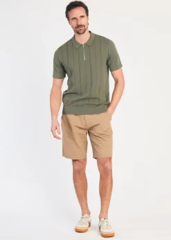 Kensington Eastside Khaki Cotton Short Sleeve Zip Neck Polo Shirt