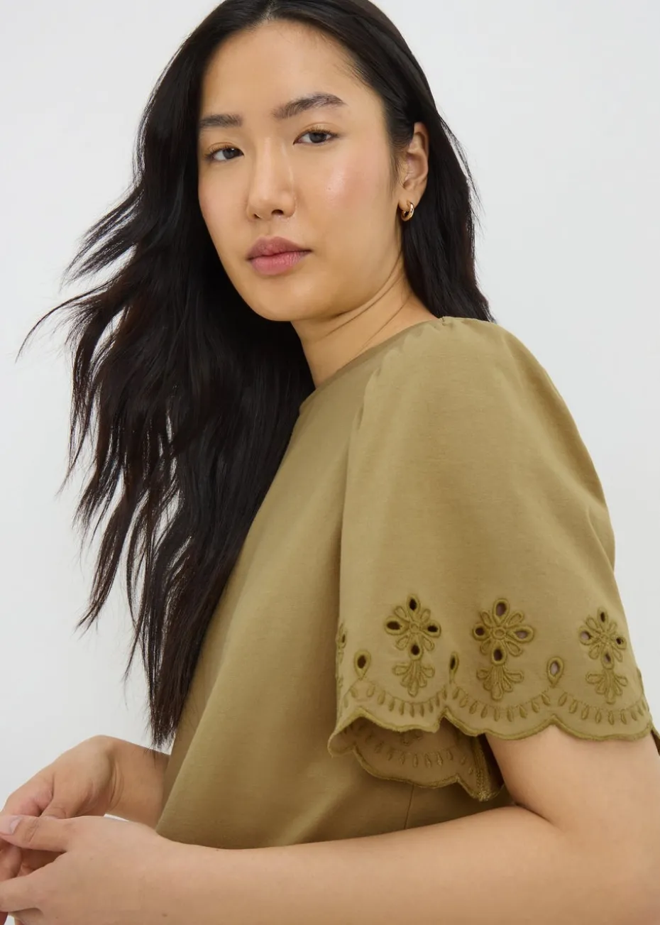 Khaki Floral Cut Out T-Shirt