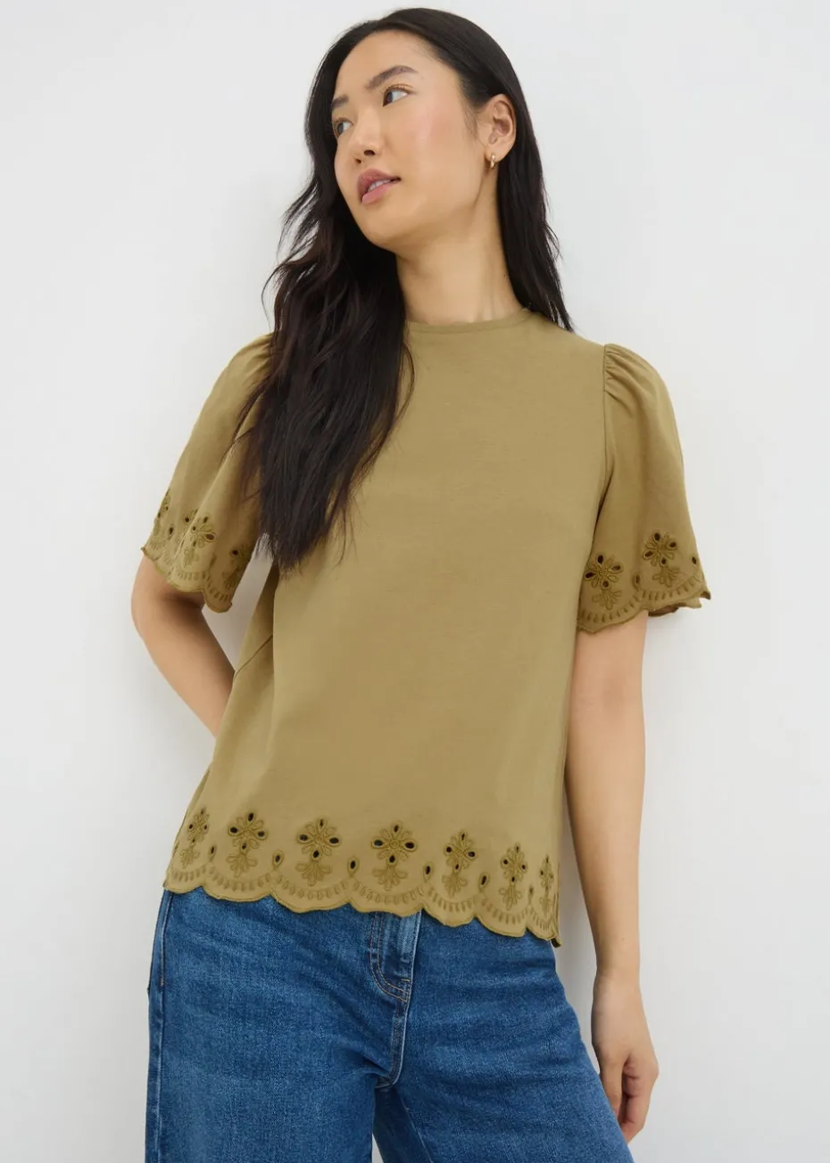 Khaki Floral Cut Out T-Shirt