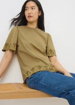 Khaki Floral Cut Out T-Shirt
