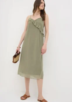 Khaki Frill Strappy Midi Dress