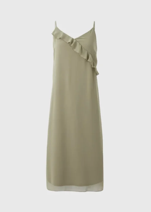 Khaki Frill Strappy Midi Dress