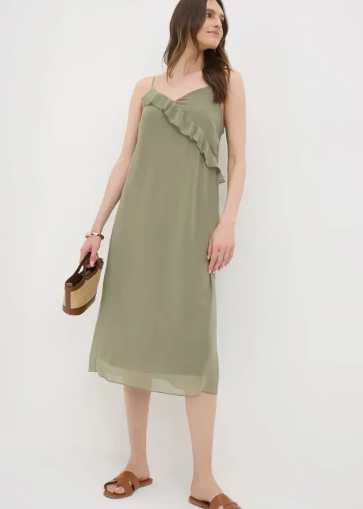 Khaki Frill Strappy Midi Dress