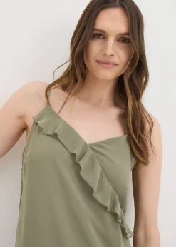 Khaki Frill Strappy Midi Dress