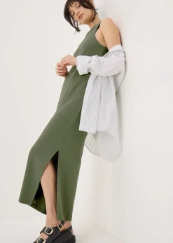 Khaki Racer Back Ribbed Midi Dress