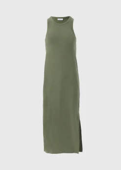 Khaki Racer Back Ribbed Midi Dress
