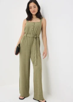 Khaki Stripe Button Front Jumpsuit