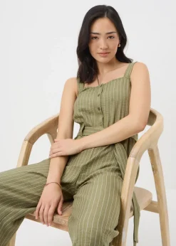 Khaki Stripe Button Front Jumpsuit