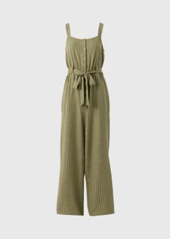 Khaki Stripe Button Front Jumpsuit