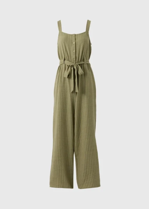 Khaki Stripe Button Front Jumpsuit